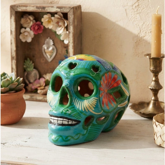 Handmade Ceramic Sugar Skull Figurine Turquoise Orange Floral Calavera Folk Art