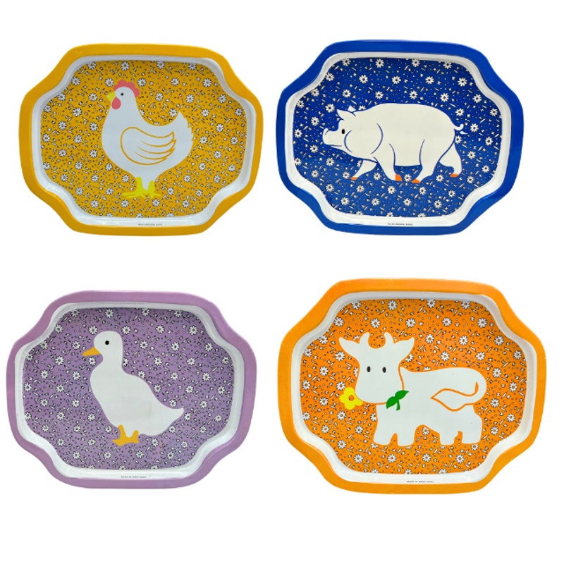 Vintage Farm Animal Small Trays Set of 4 Calico Floral Kitsch Country Kitchen