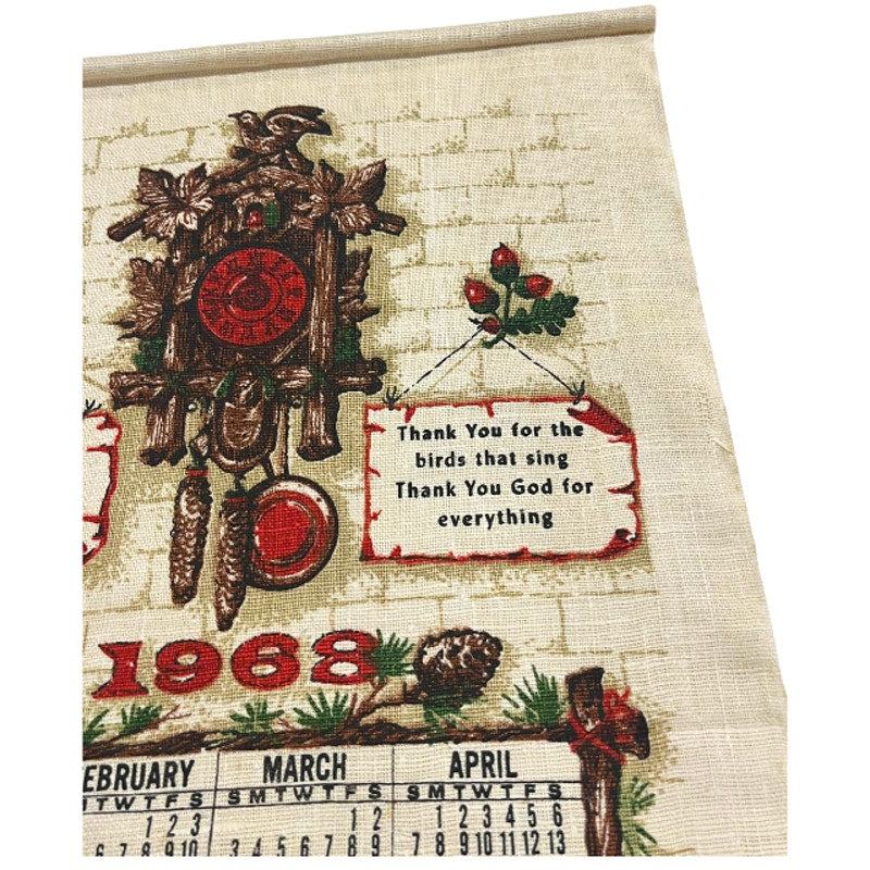 Vintage 1968 Stevens Linen Calendar Tea Towel Cuckoo Clock
