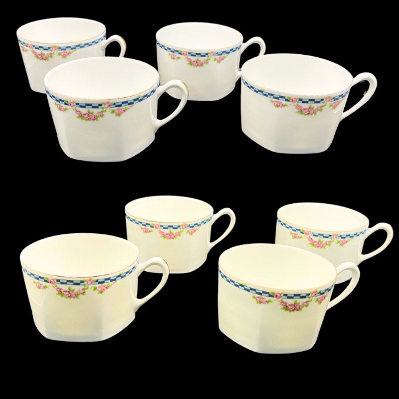 Antique French Limoges Tea Set Blue Ginham Pink Rose  19Pc  Charles Ahrenfeldt