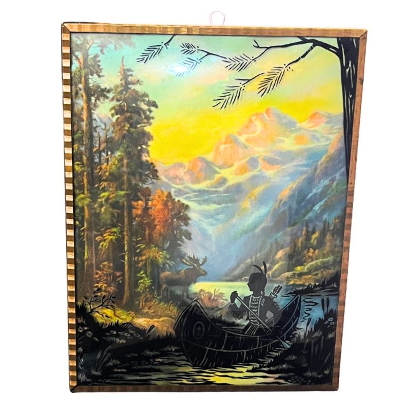 Vintage Reverse Painted Silhouette Picture Native American Nature Art