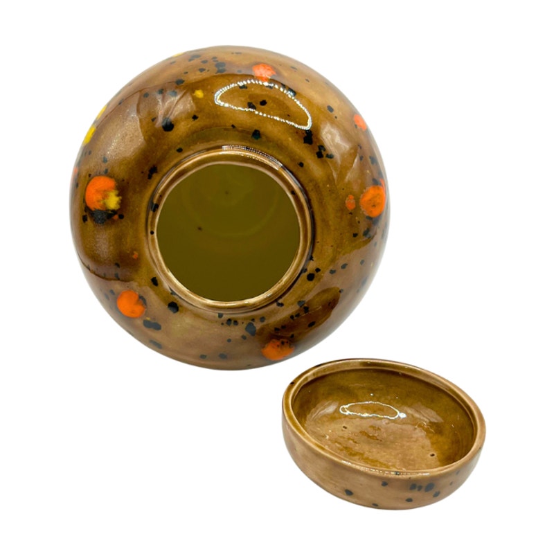 Vintage 70s Studio Pottery Lidded Jar Brown Speckled Glaze Orange Yellow Accents