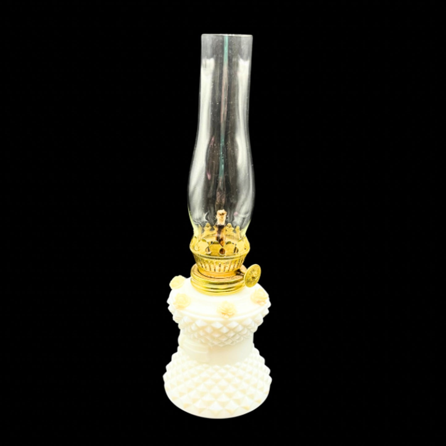 MCM Vintage Milk Glass Miniature Oil Lamp Diamond Point Rose Accent