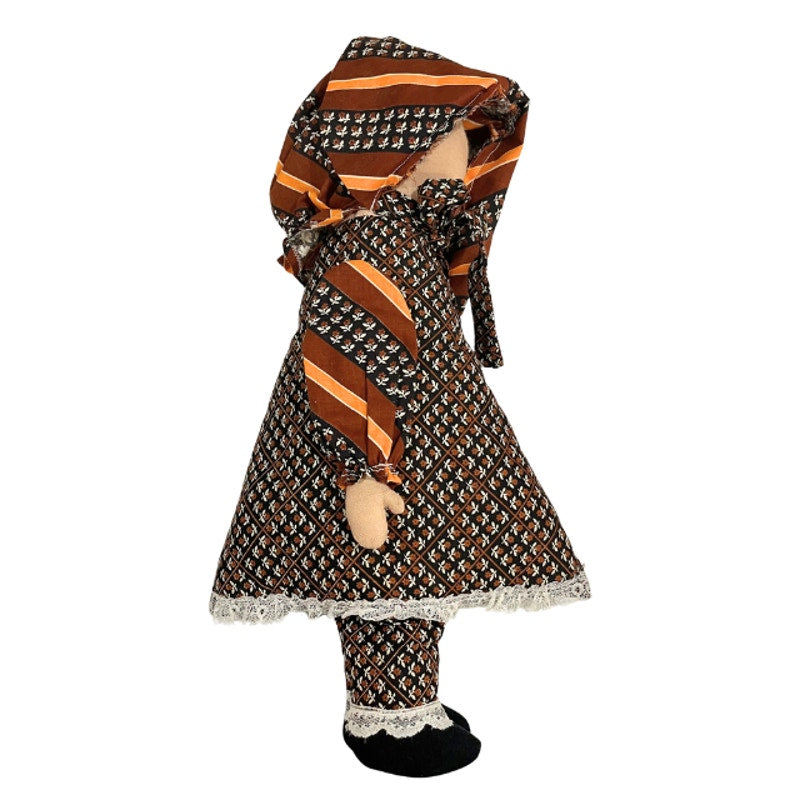 Vintage Handmade Fabric Folk Art Doll Hooded Dress Patterned Lace Trim 18 Inch