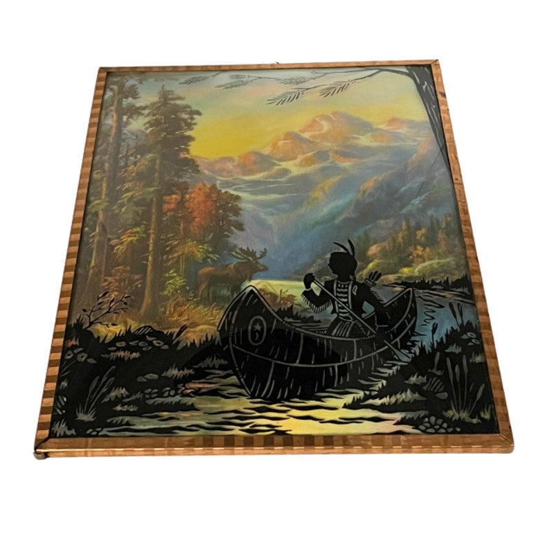 Vintage Reverse Painted Silhouette Picture Native American Nature Art