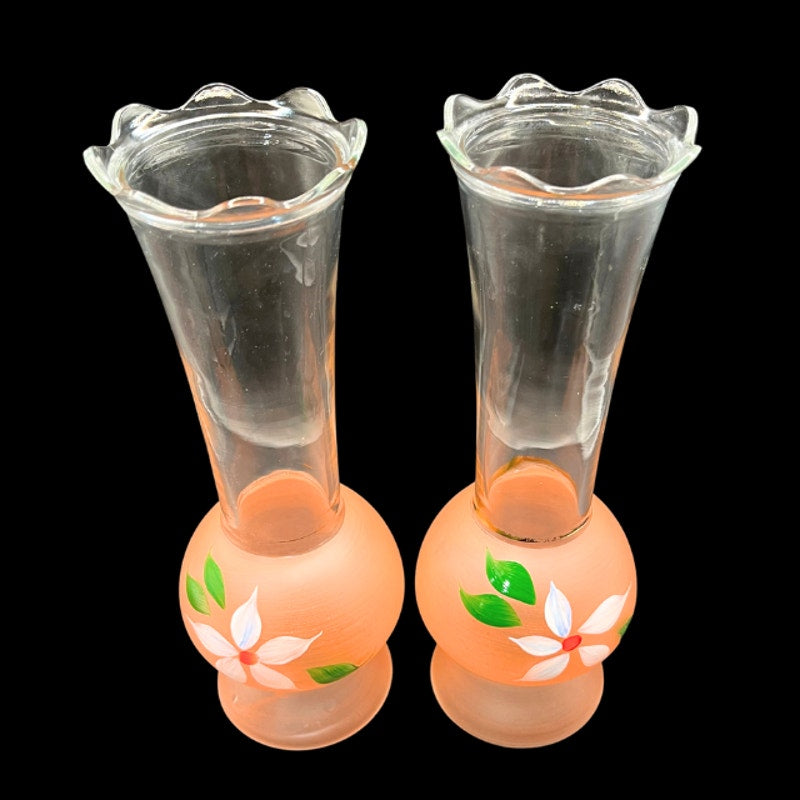 Vintage Bartlett Collins Frosted Pink Glass Vases Hand Painted Pair 9" MCM