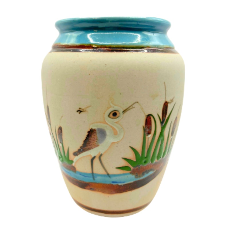 Vintage Mexican Tonala Folk Art Pottery Vase Heron & Cattail Handpainted 6.5in34.