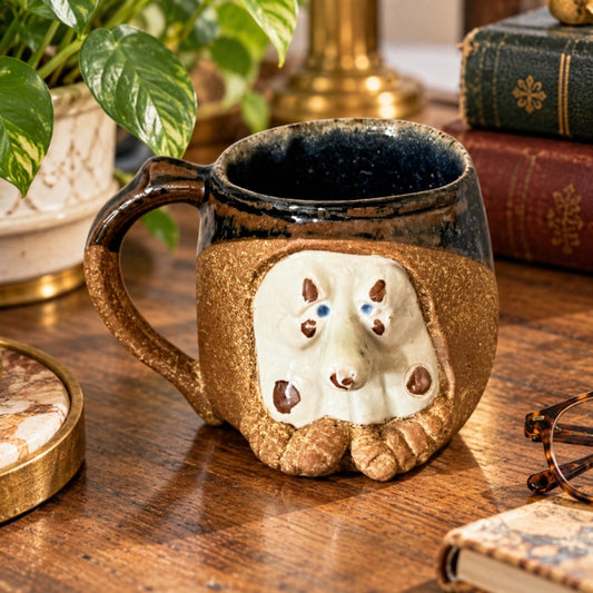 Vintage Artisan Handcrafted Stoneware 3D Face Mug Quirky Pottery Coffee Cup