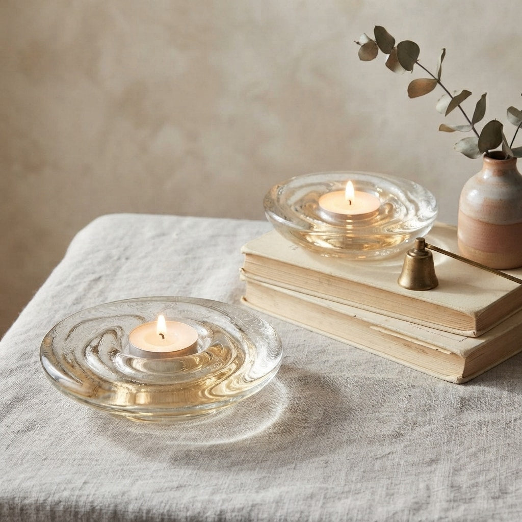 Simon Pearce Thetford Glass Tealight Votive Holders Set of 2 Swirling Wave