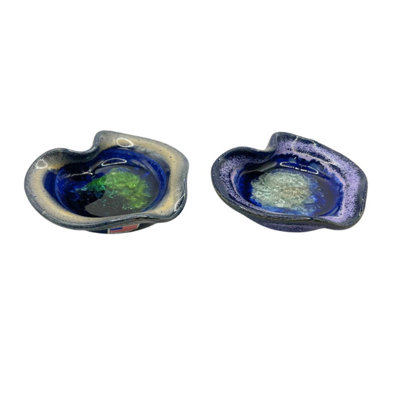 Vintage Down to Earth Heart Shaped Ceramic Melted Glass Dishes Set of 2 USA