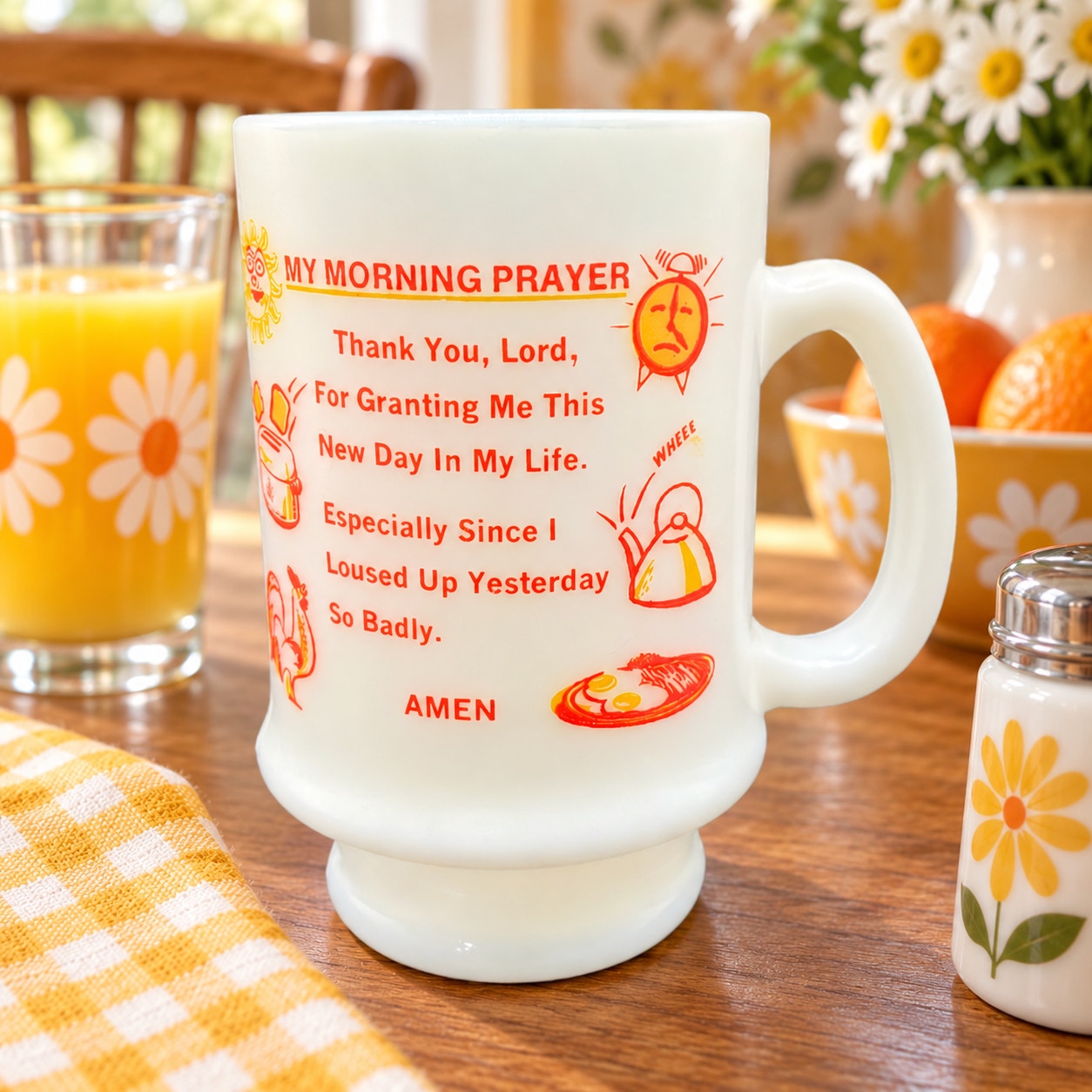Vintage 1960s My Morning Prayer Milk Glass Pedestal Breakfast Mug