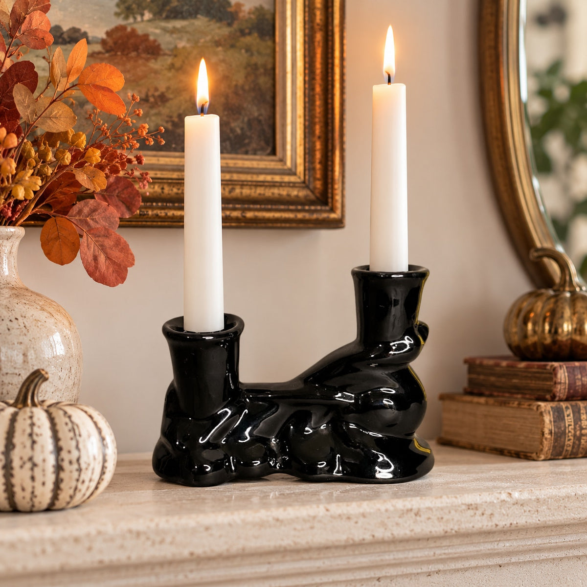 Vintage Frankoma Double Candlestick in Black Glaze 304