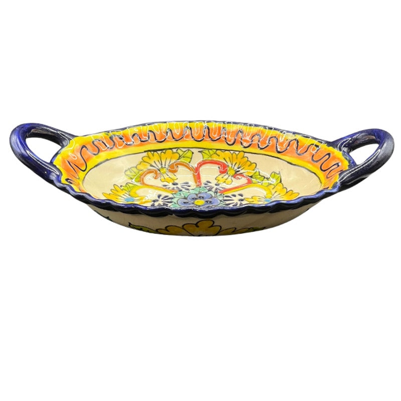 Vintage Mexican Pottery Oval Serving Dish Double Handle Hand Painted Floral