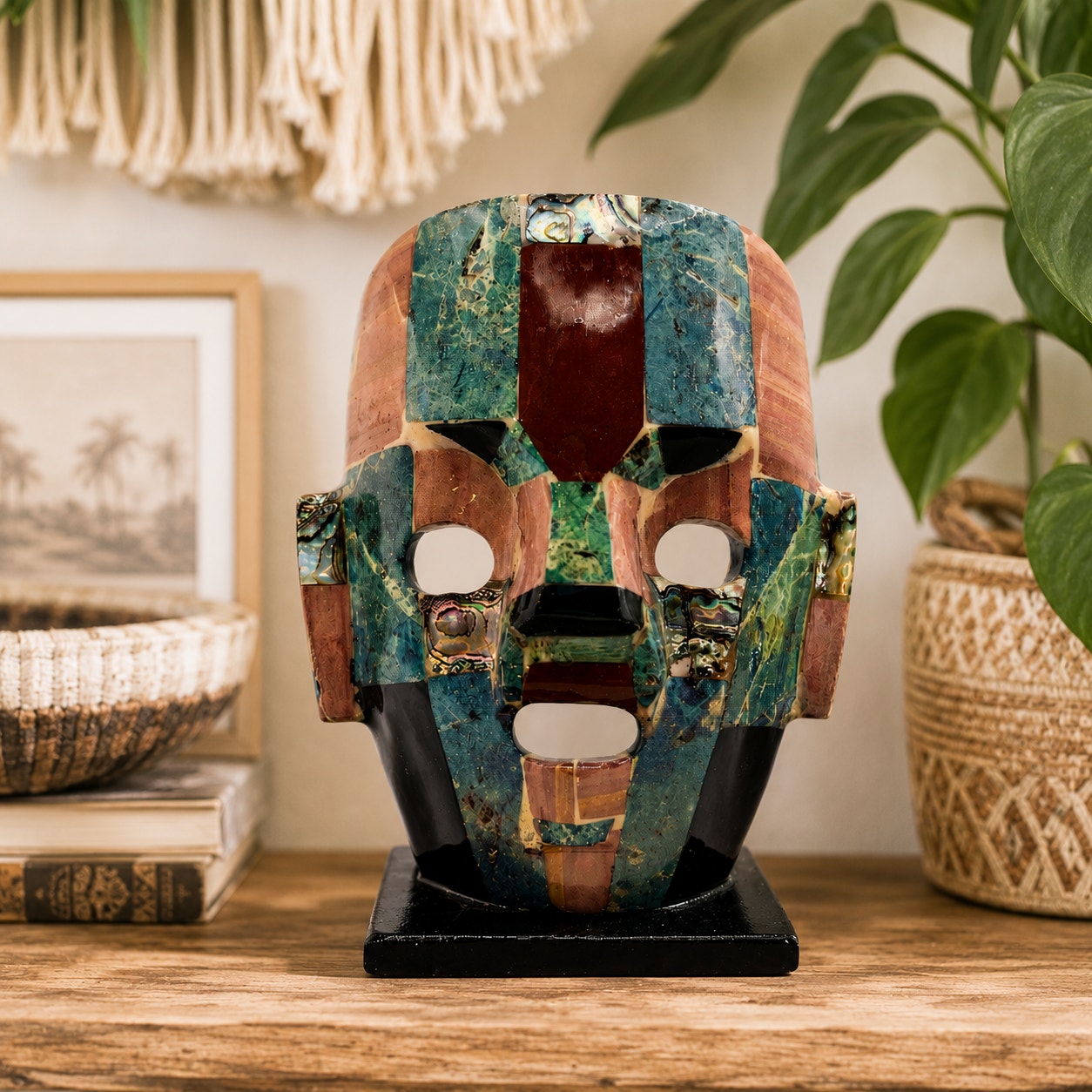 Vintage Mayan Aztec Inspired Mexican Death Mask Inlaid Abalone w/ Other Gemstones Handmade