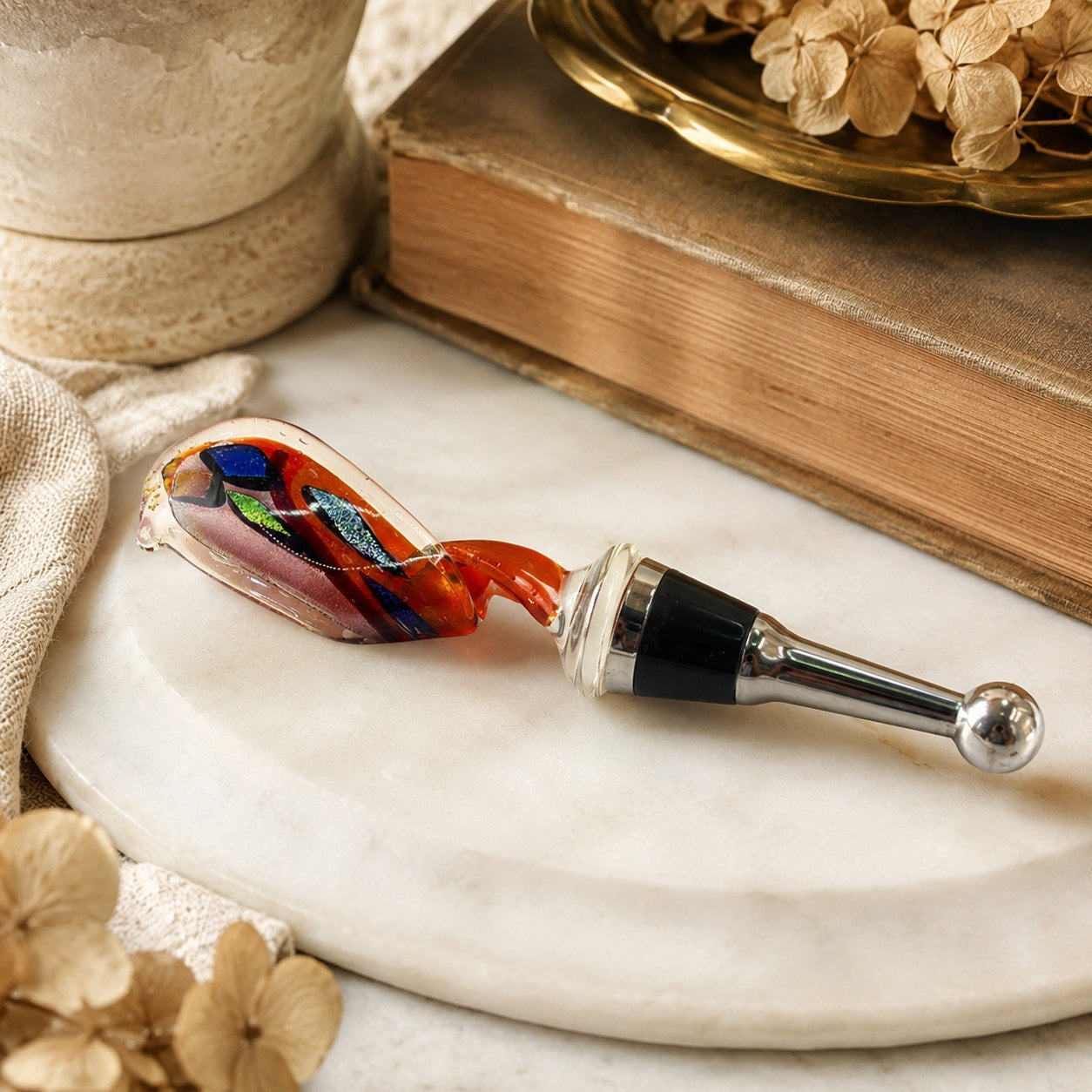 Dichroic Swirl Red Art Glass Wine Stopper Bottle Stopper