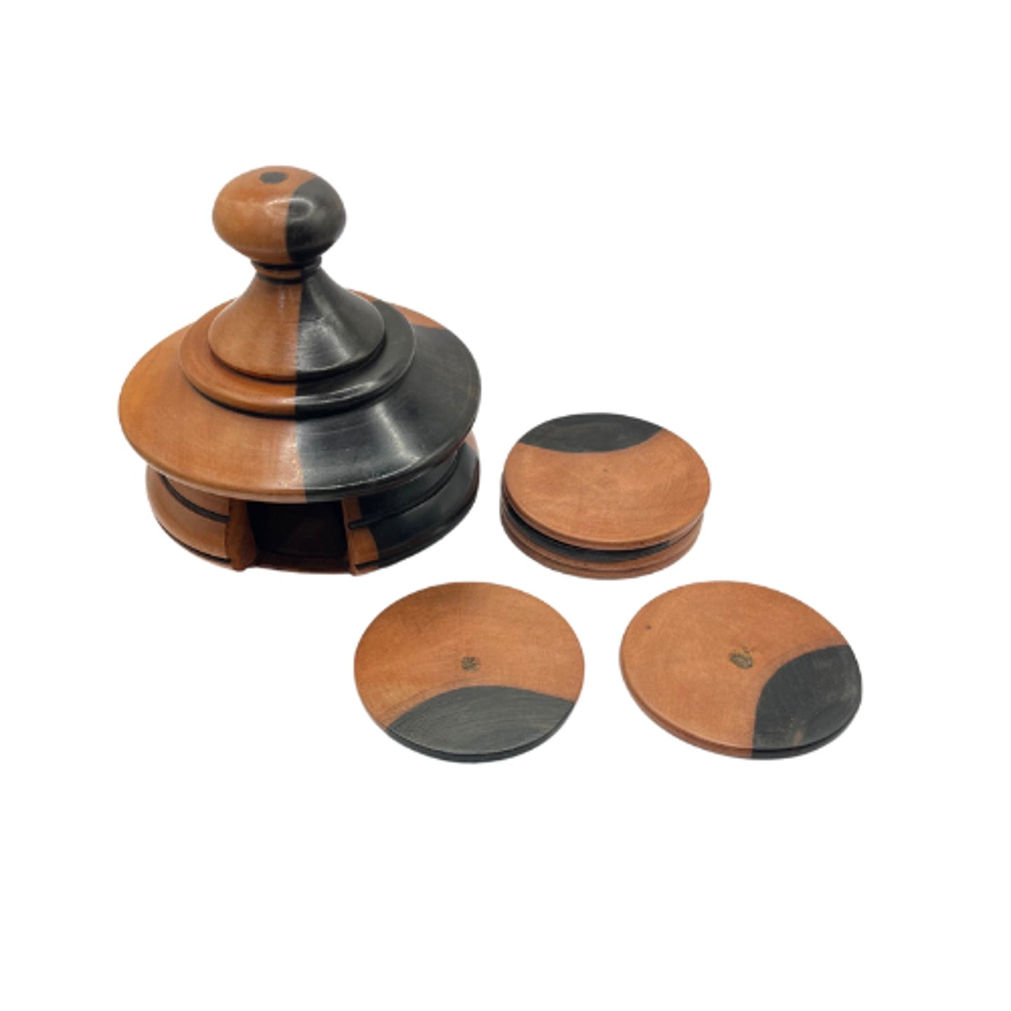 Novica Ebony African Wood Disk Coasters Set of 6 w/ Hut Lidded Caddy Warm Tones