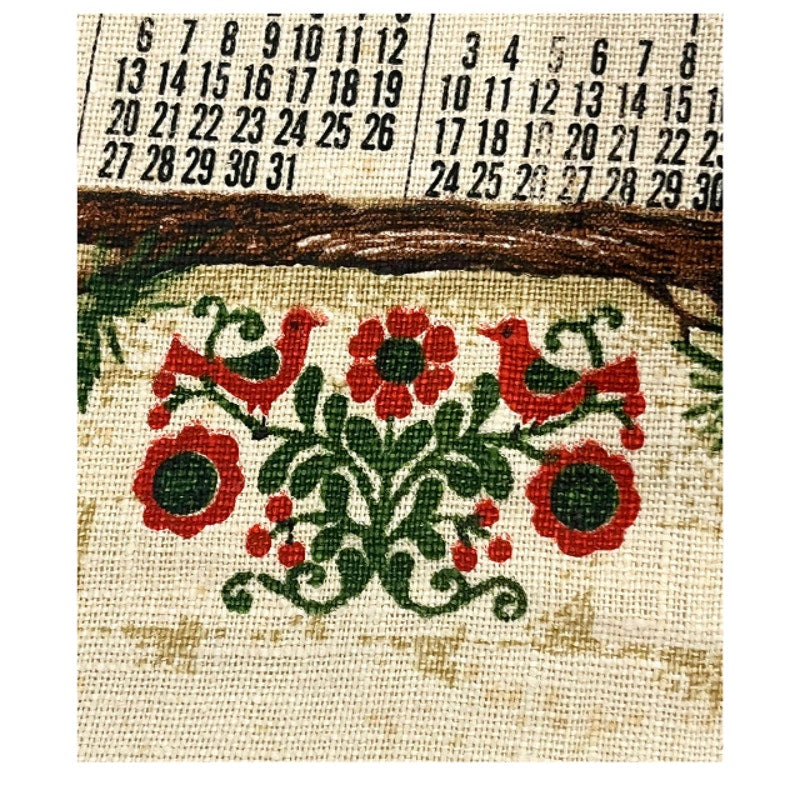 Vintage 1968 Stevens Linen Calendar Tea Towel Cuckoo Clock