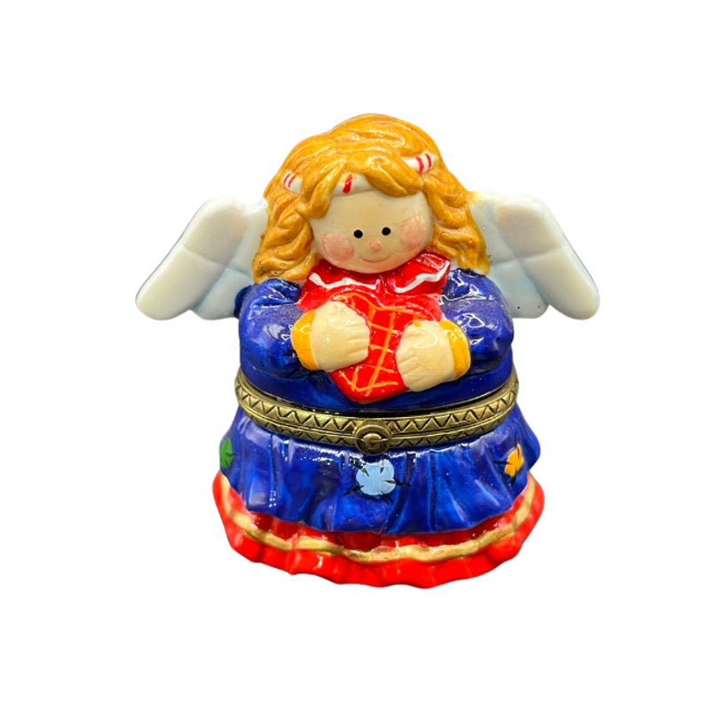 Vintage Ceramic Angel Hinged Trinket Box Blue Dress Red Heart 3 Inch