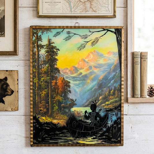 Vintage Reverse Painted Silhouette Picture Native American Nature Art