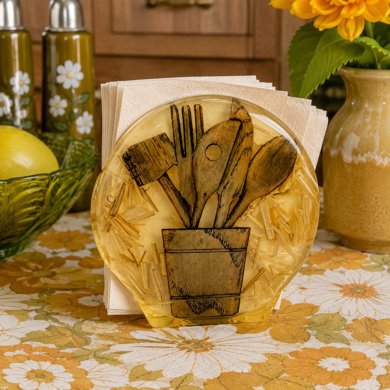 Vintage 1970s Lucite Resin Encased Kitchen Utensils Napkin Holder Retro Straw