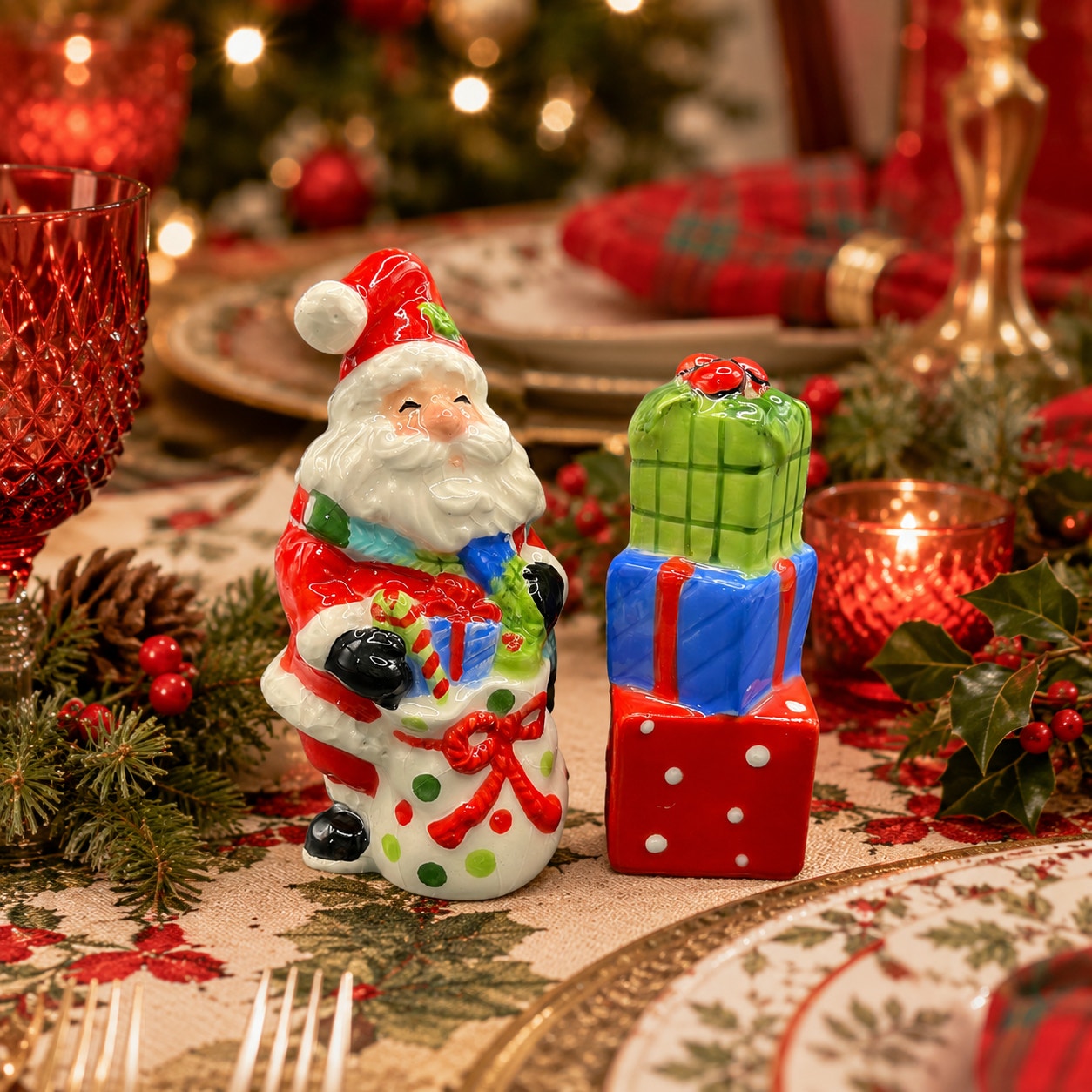 Vintage Fitz and Floyd Be Merry Santa Claus Stack of Gifts Salt & Pepper Shakers