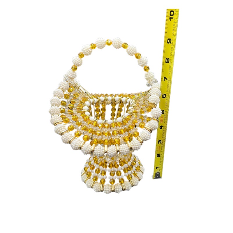 Vintage Handmade Beaded Safety Pin Basket Gold White Folk Art MCM