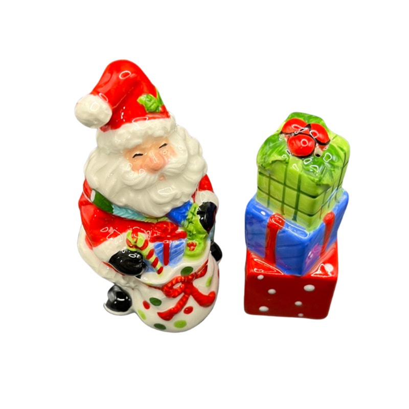 Vintage Fitz and Floyd Be Merry Santa Claus Stack of Gifts Salt & Pepper Shakers