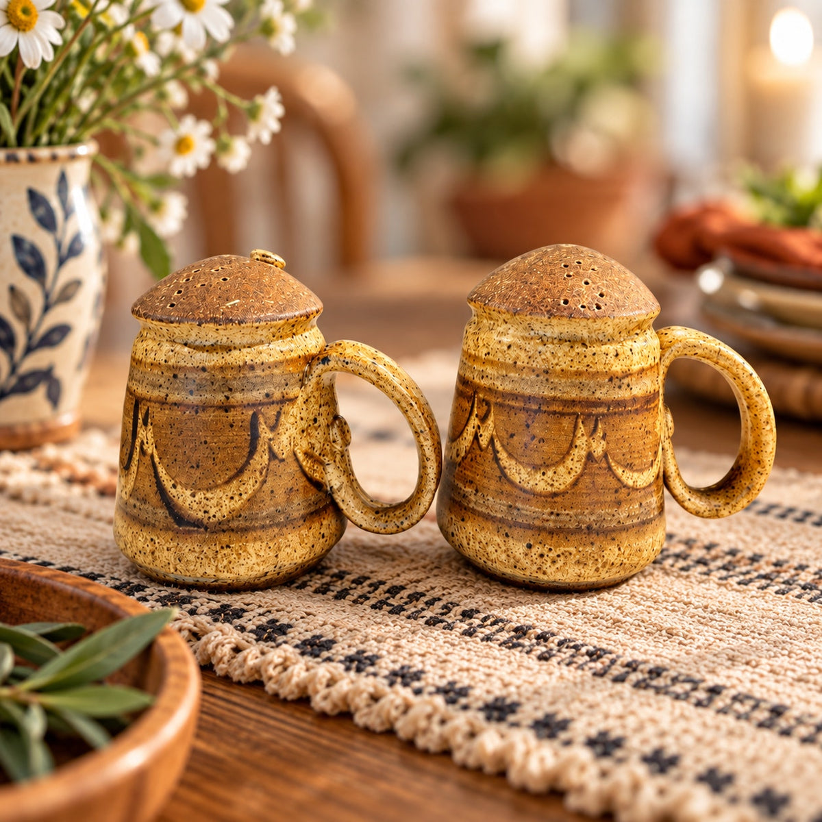 Vintage Signed Studio Pottery Salt and Pepper Shakers Sandstone Viking Style