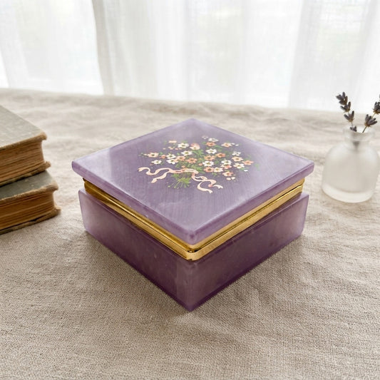 Vintage Himark Alabaster Keepsake Box Pink Floral Italy
