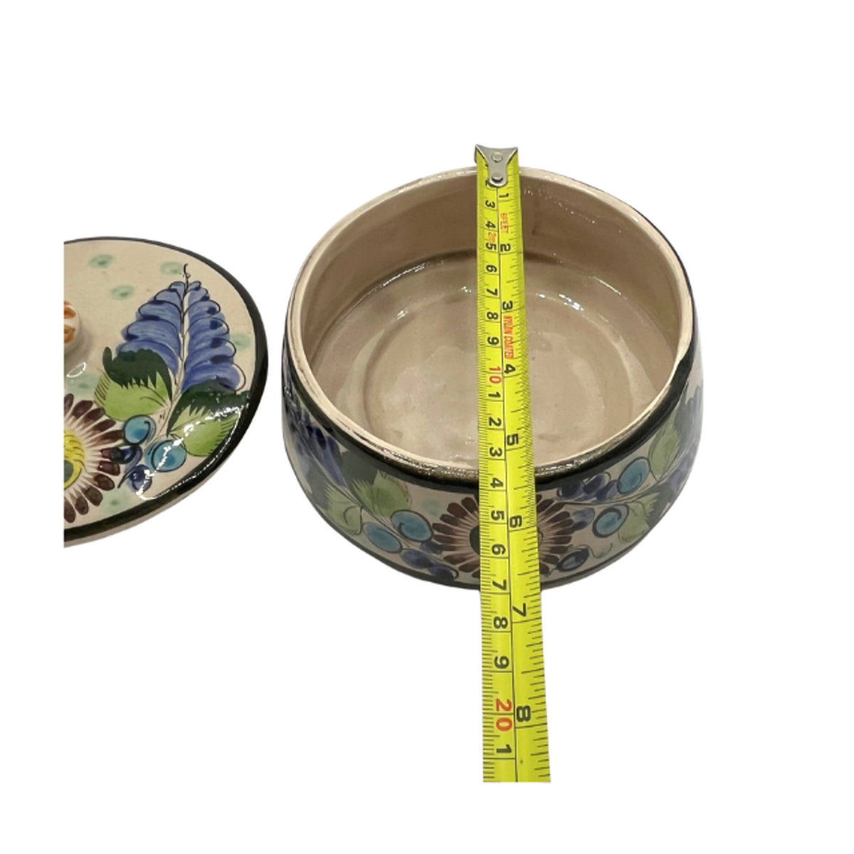Vintage Tonala Mexican Pottery Bean Pot Hand Painted Talavera Floral Blue
