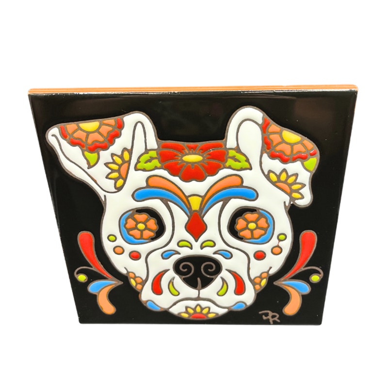 Handmade Ceramic Tile Sugar Skull Dog Wall Art Day of the Dead Folk Art