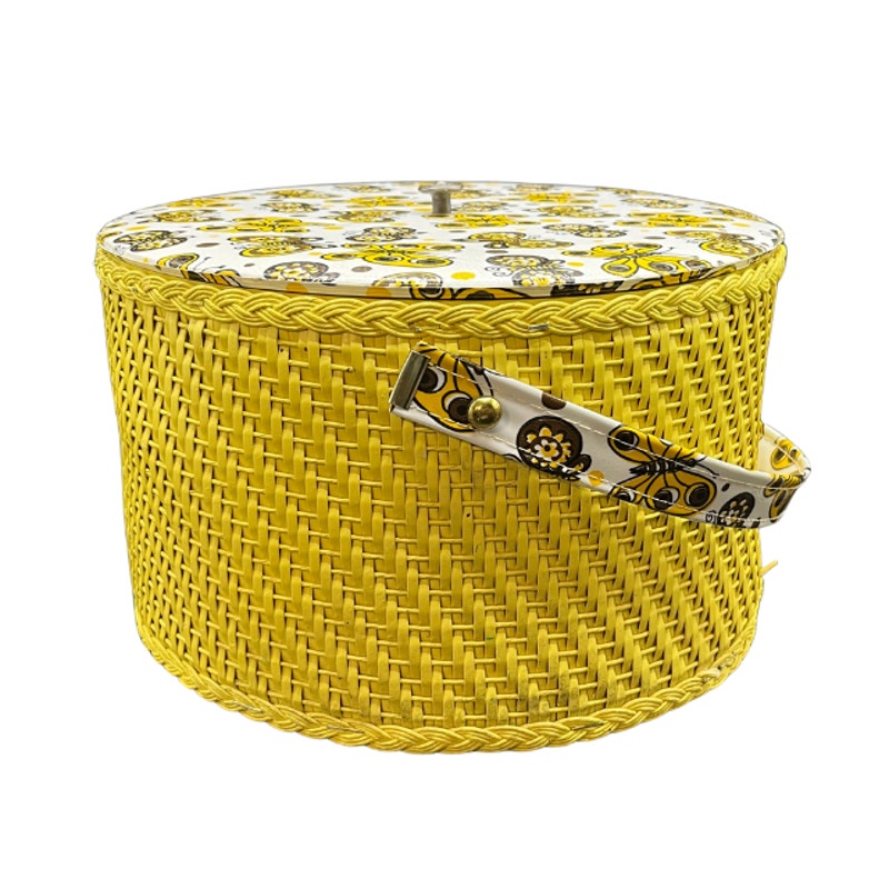 Vintage Yellow Woven Sewing Basket Retro Butterfly Padded Lid Handle 10"