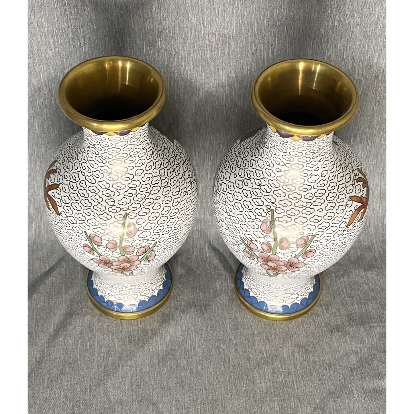 Pair Vintage White Cloisonne Vases Blue Pink Floral 6.5" Tall