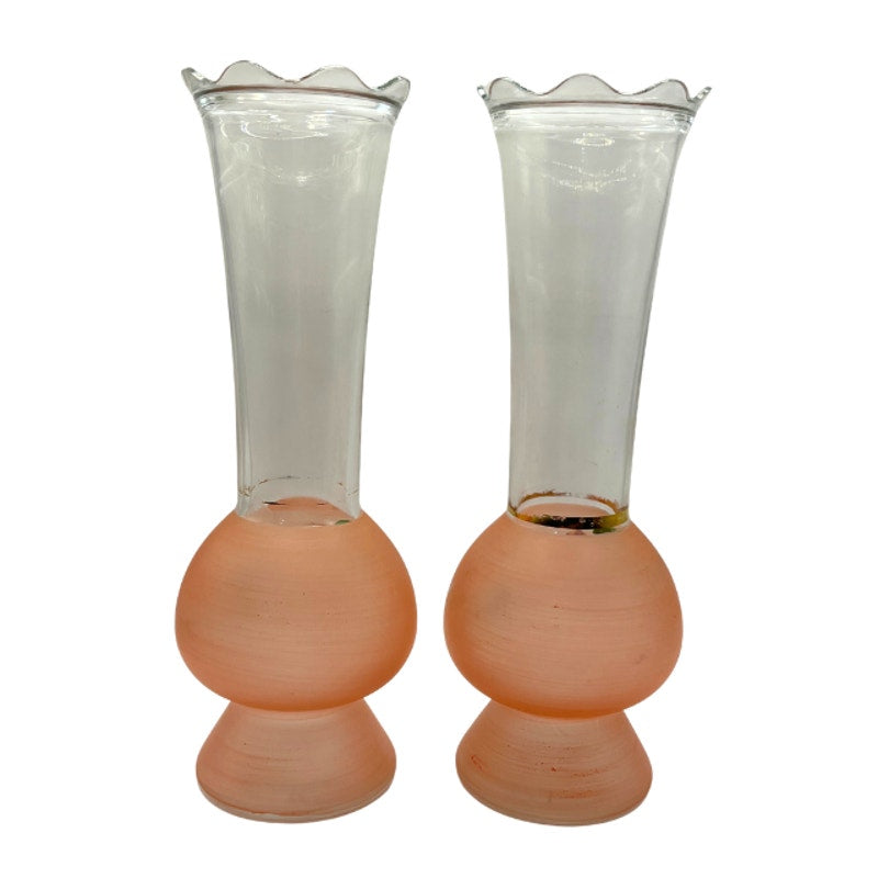 Vintage Bartlett Collins Frosted Pink Glass Vases Hand Painted Pair 9" MCM