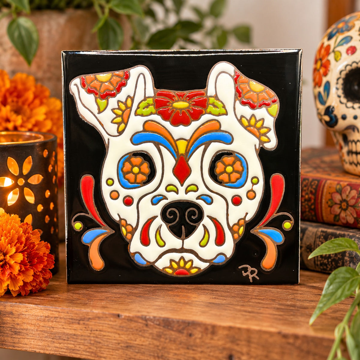 Handmade Ceramic Tile Sugar Skull Dog Wall Art Day of the Dead Folk Art