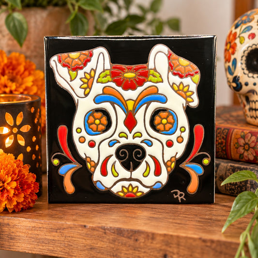 Handmade Ceramic Tile Sugar Skull Dog Wall Art Day of the Dead Folk Art