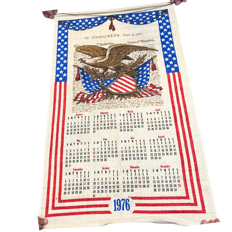 Vintage 1976 Bicentennial Linen Calendar Wall Hanging Tea Towel American Eagle