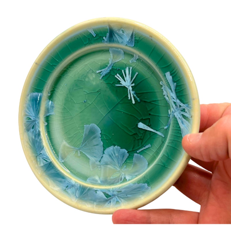 Signed Studio Pottery Art Plate Green Glaze Blue Crystalline Wall Hanging Dish