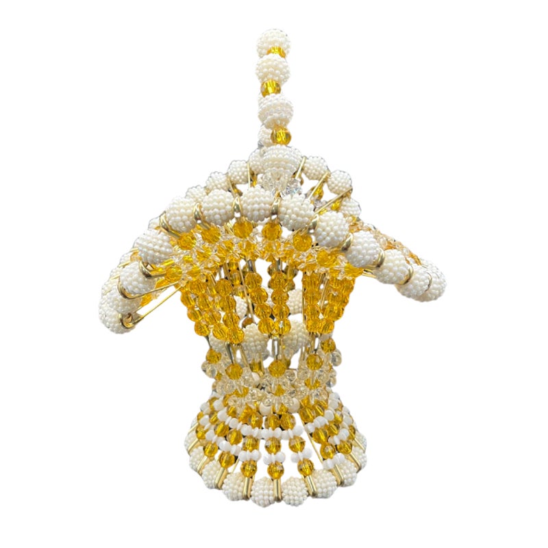 Vintage Handmade Beaded Safety Pin Basket Gold White Folk Art MCM