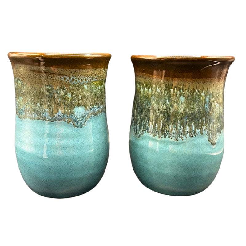 Clay in Motion Handwarmer Mug Set Ocean Tide Blue Signed Art Pottery 2021