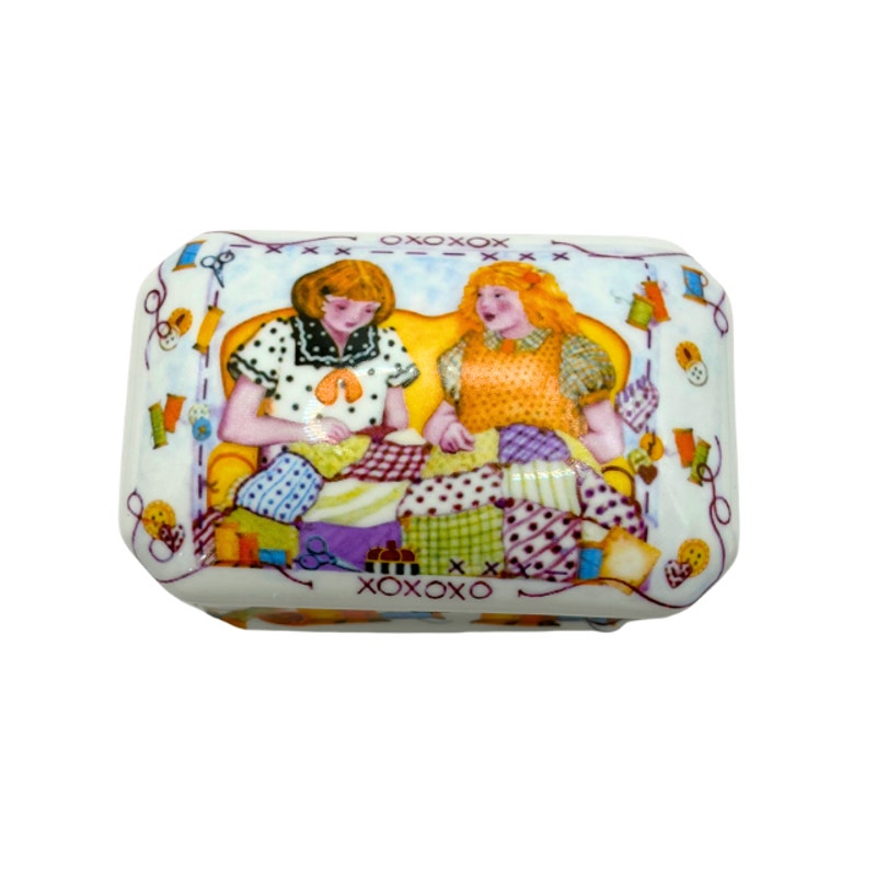 Vintage Imperial Porcelain Sewing Inspired Trinket Box Hinged