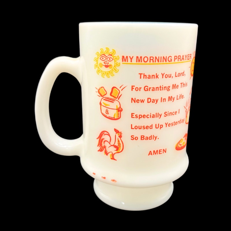 Vintage 1960s My Morning Prayer Milk Glass Pedestal Breakfast Mug