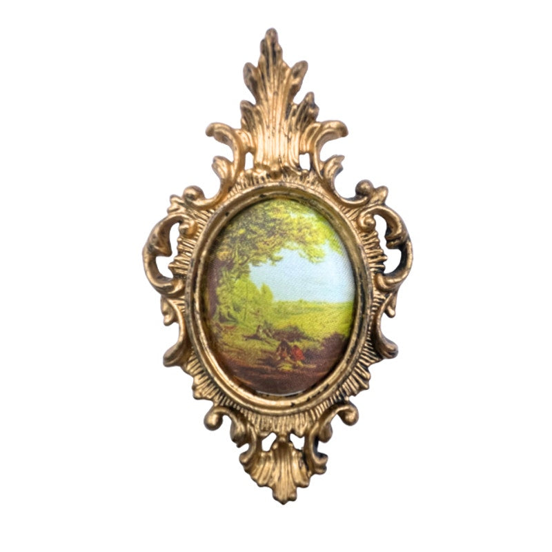 Vintage Mini Ornate Brass Tone Wall Frames Padded Silk Art Made in Hong Kong