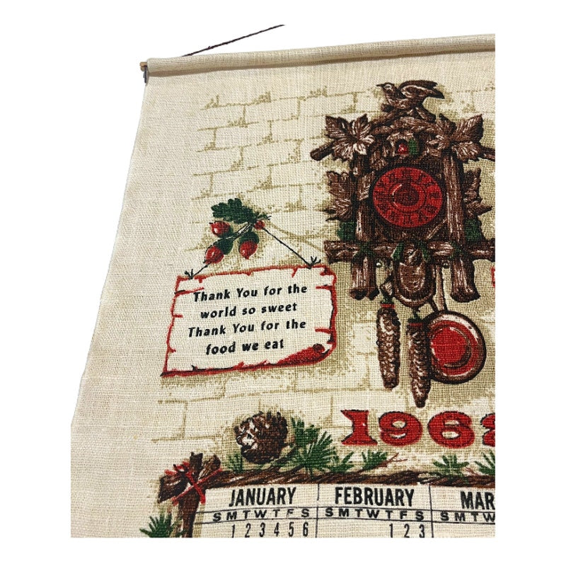 Vintage 1968 Stevens Linen Calendar Tea Towel Cuckoo Clock