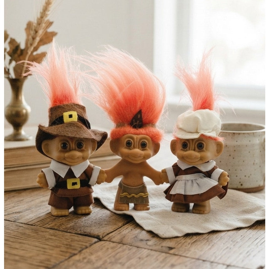 Vintage Russ Thanksgiving Troll Dolls Set 3 Fall Pilgrim Figures