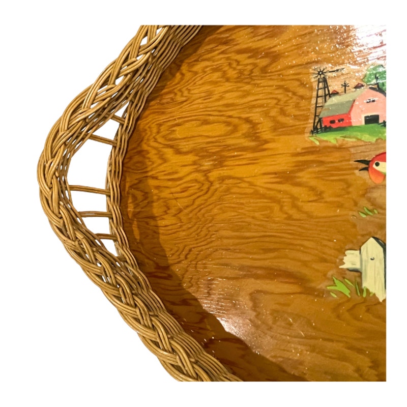 Vintage Oval Wooden Serving Tray Wicker Border Folk Art Rooster Farmhouse