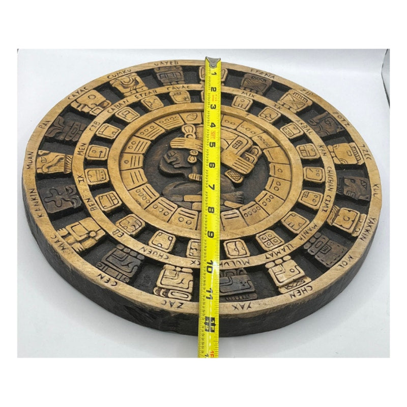 Vintage Hand Carved Wood Mayan Calendar Aztec Art Plaque