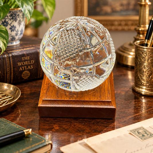 Waterford Crystal World Globe Paperweight Diamond Cut Art Glass Wood Base
