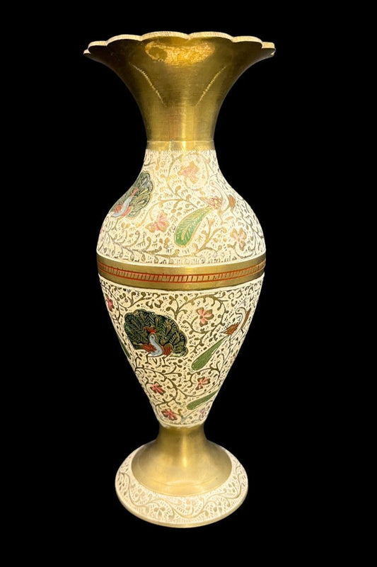 Brass Painted Enamel Peacock Floral Multicolor Decorative Vintage Vase