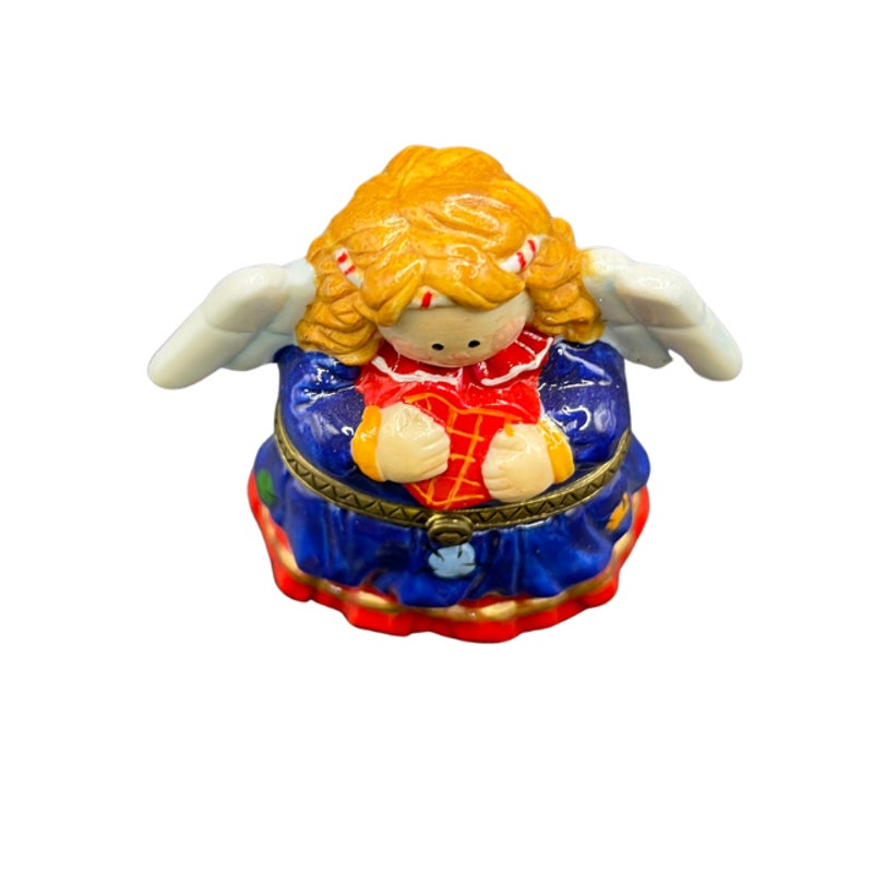 Vintage Ceramic Angel Hinged Trinket Box Blue Dress Red Heart 3 Inch